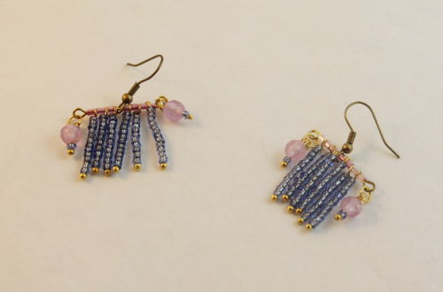 finished pink and blue fringe earrings