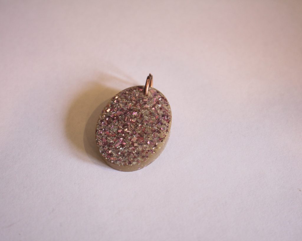 pink resin sparkle charm with copper jump ring